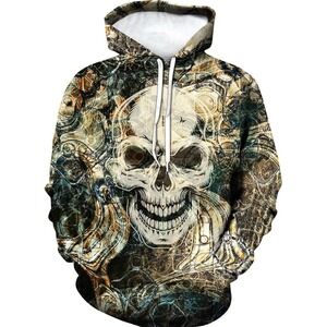 Men's Skull Hoodie Gothic Flame‎ Pullover Graphic Streetwear 2XL Grunge Y2K